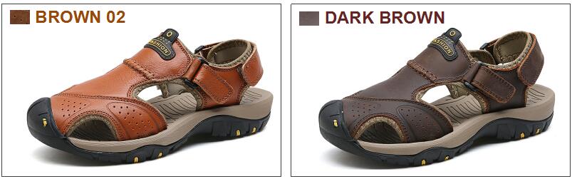 Genuine leather men's sandals in brown and dark brown, perfect for summer beach outings and casual fashion.