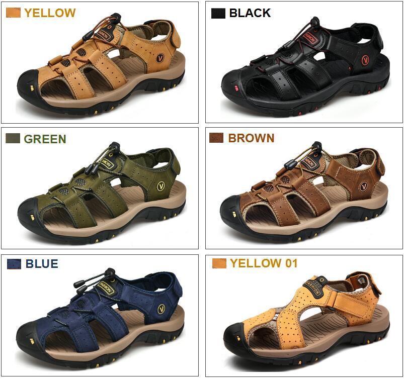 Collection of male genuine leather sandals in yellow, black, green, brown, blue, and yellow 01 colors for summer beach outfits.