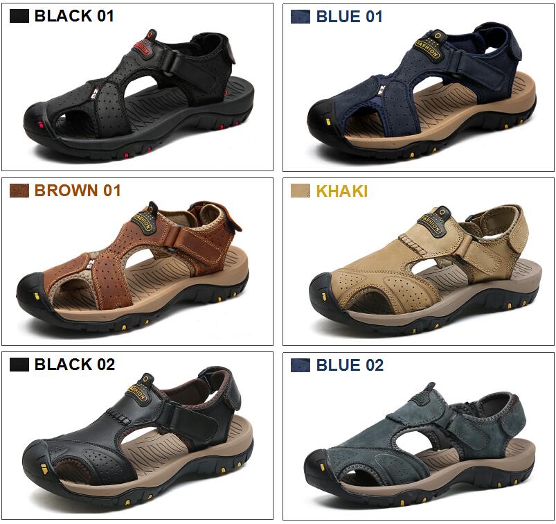 Men's genuine leather sandals in black, blue, brown, khaki, showcasing comfort and style for summer outdoor activities.