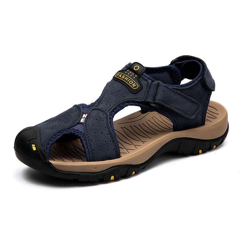 Genuine leather men's sandals in navy, perfect for summer beach and outdoor casual fashion.
