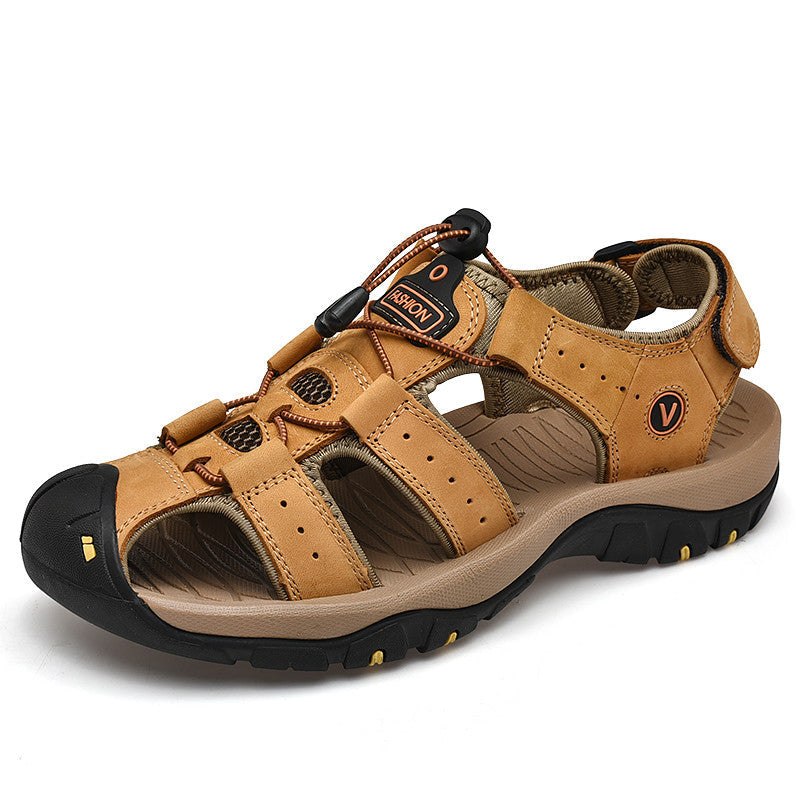Male genuine leather sandals in light brown, perfect for summer beach and casual outdoor wear.