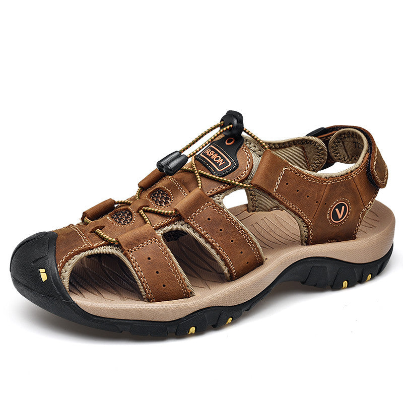 Male genuine leather sandals in brown, stylish outdoor slingbacks for summer beach wear.