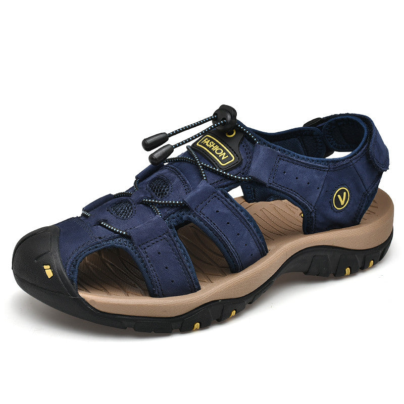Navy blue men's outdoor sandals with adjustable straps and durable soles, perfect for summer beach outings.