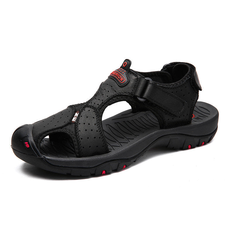Men's genuine leather sandals in black, perfect for summer beach and outdoor activities, featuring a comfortable fit and stylish design.