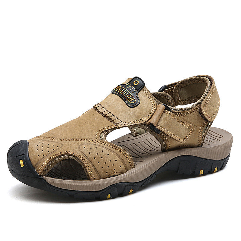 Men's genuine leather sandals in tan color, perfect for summer beach wear and outdoor activities.