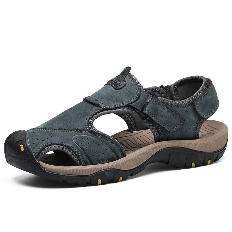 Men's genuine leather sandals in breathable design, perfect for summer beach outings and casual fashion.