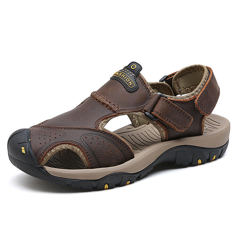 Genuine leather men's sandals in brown for summer beach adventures, featuring adjustable straps and comfy EVA sole.