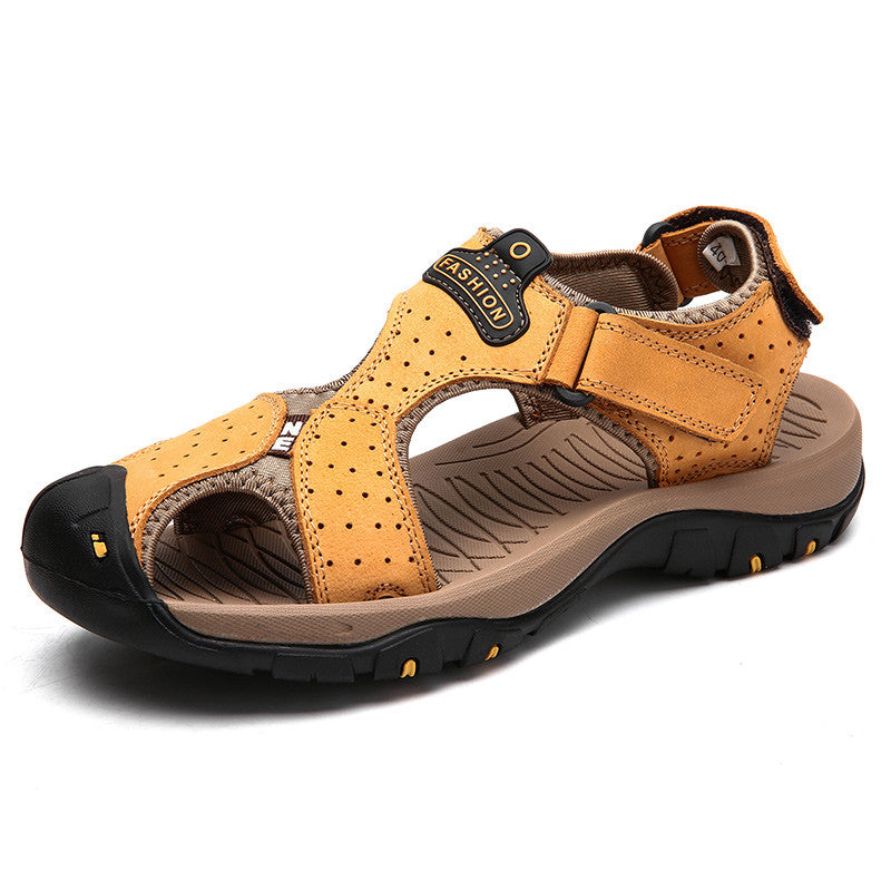Genuine leather men's sandals in yellow, perfect for summer beach outings and casual fashion, with comfortable fit and durable sole.