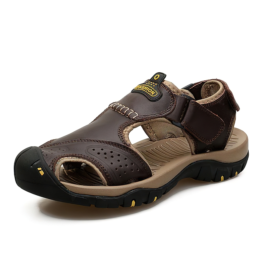 Genuine leather men's summer sandals in brown, featuring ankle wrap and breathable design for all-day comfort.