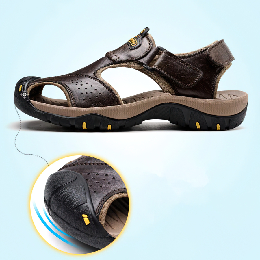 Genuine leather men's summer sandals, breathable, non-slip, comfortable ankle-wrap design for casual outfits.