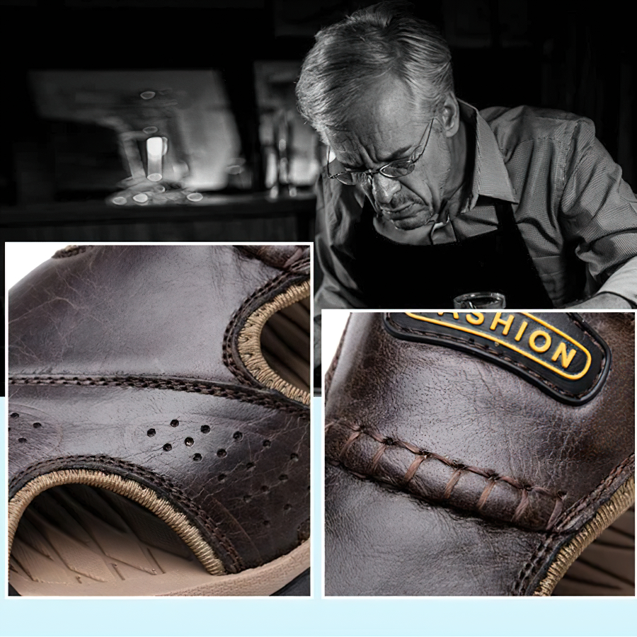 Close-up of genuine leather men's summer sandals showcasing breathable design and craftsmanship.