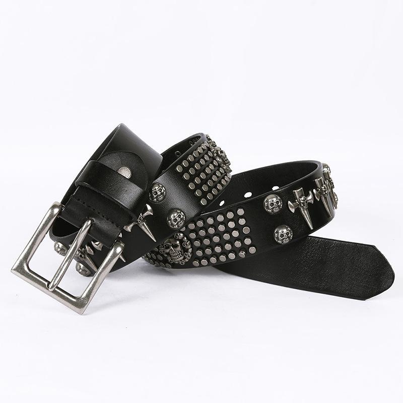 Genuine leather punk belt with skulls and rivets, perfect for a rock style look. Trendy accessory for men.