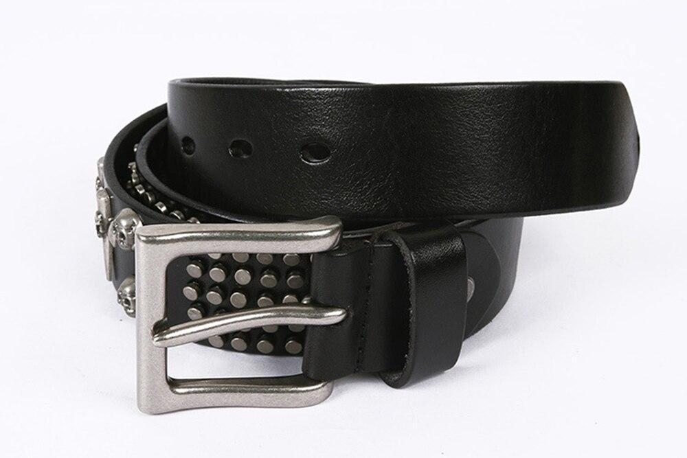 Genuine leather rock style belt with metal studs and skulls, perfect punk accessory for men.