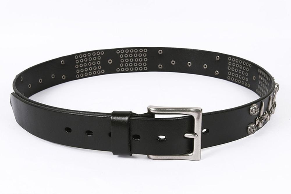 Genuine leather rock style belt for men with decorative rivets and skulls, perfect for a punk fashion statement.