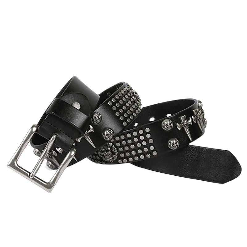 Genuine leather rock style belt featuring skulls, rivets, and crosses for a punk look, perfect trendy accessory for men.