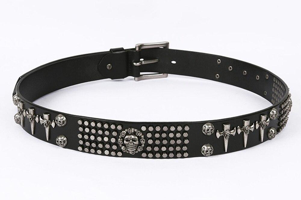 Genuine leather rock style belt featuring skulls, spikes, and rivets for a punk fashion statement.
