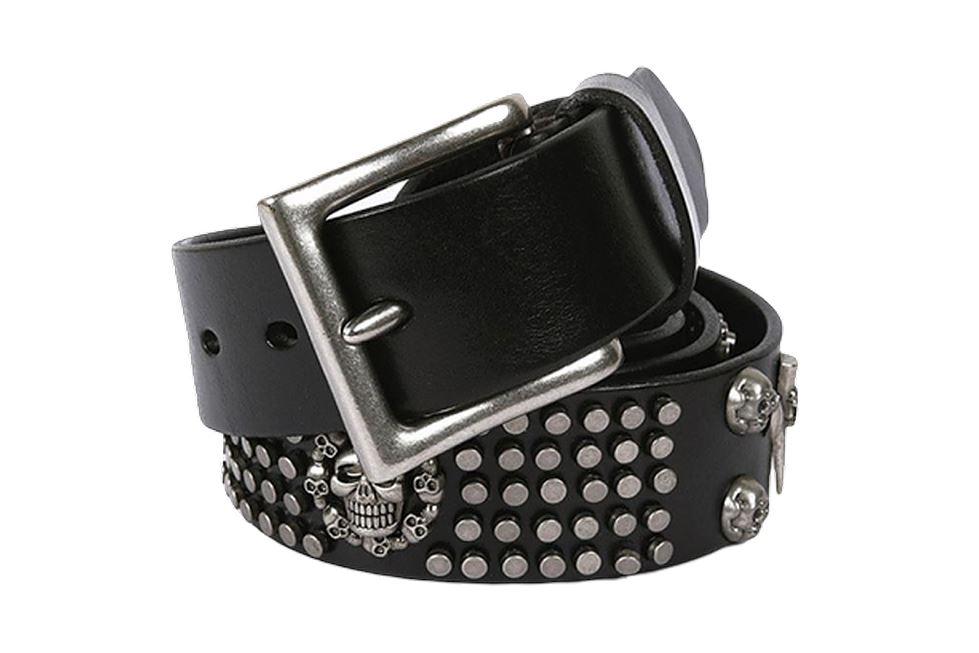 Genuine leather metal belt featuring skull and rivet design, perfect for a rock style look.
