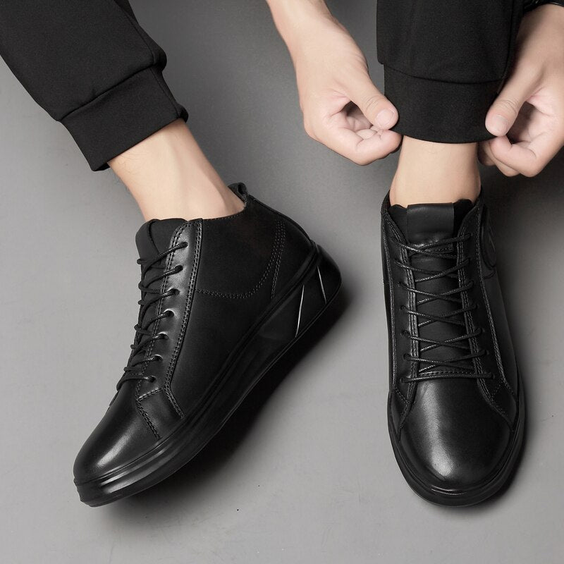 Genuine leather mid-top men sneakers in black, perfect for alternative fashion and summer rave outfits.