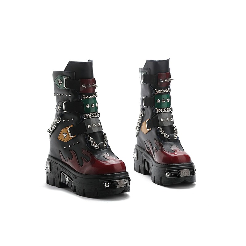 Genuine Leather Mixed Color Women's Boots With Metal Decoration / Platform Rivet Ankle Shoes - HARD'N'HEAVY