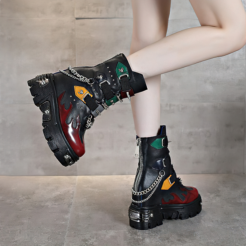 Genuine Leather Mixed Color Women's Boots With Metal Decoration / Platform Rivet Ankle Shoes - HARD'N'HEAVY