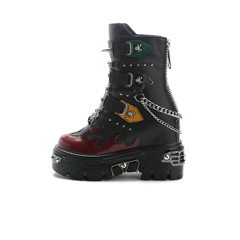 Genuine Leather Mixed Color Women's Boots With Metal Decoration / Platform Rivet Ankle Shoes - HARD'N'HEAVY