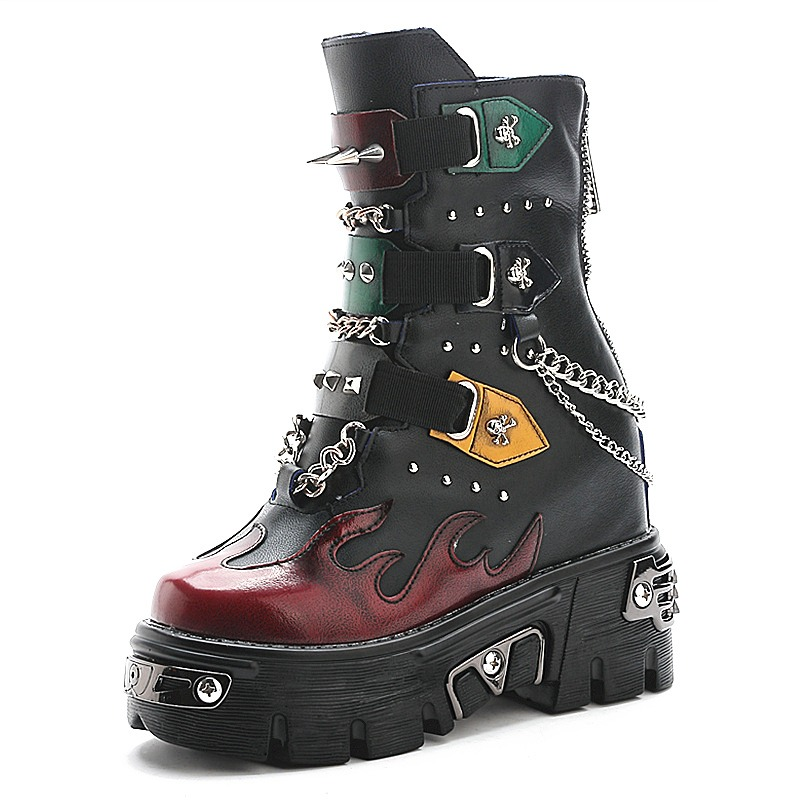 Genuine Leather Mixed Color Women's Boots With Metal Decoration / Platform Rivet Ankle Shoes - HARD'N'HEAVY