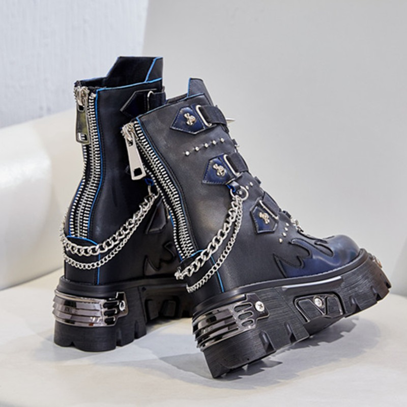 Genuine Leather Mixed Color Women's Boots With Metal Decoration / Platform Rivet Ankle Shoes - HARD'N'HEAVY