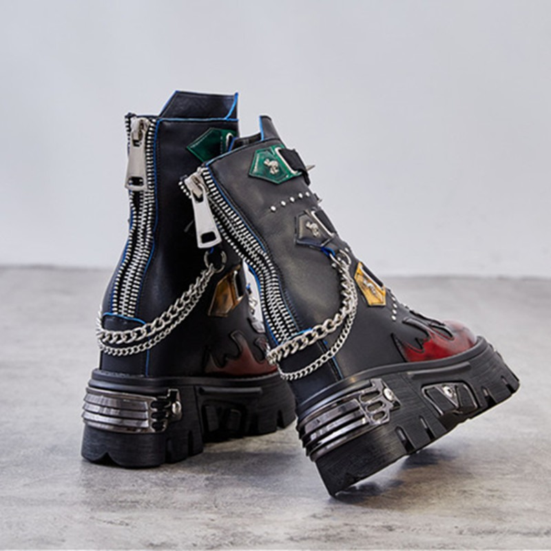 Genuine Leather Mixed Color Women's Boots With Metal Decoration / Platform Rivet Ankle Shoes - HARD'N'HEAVY