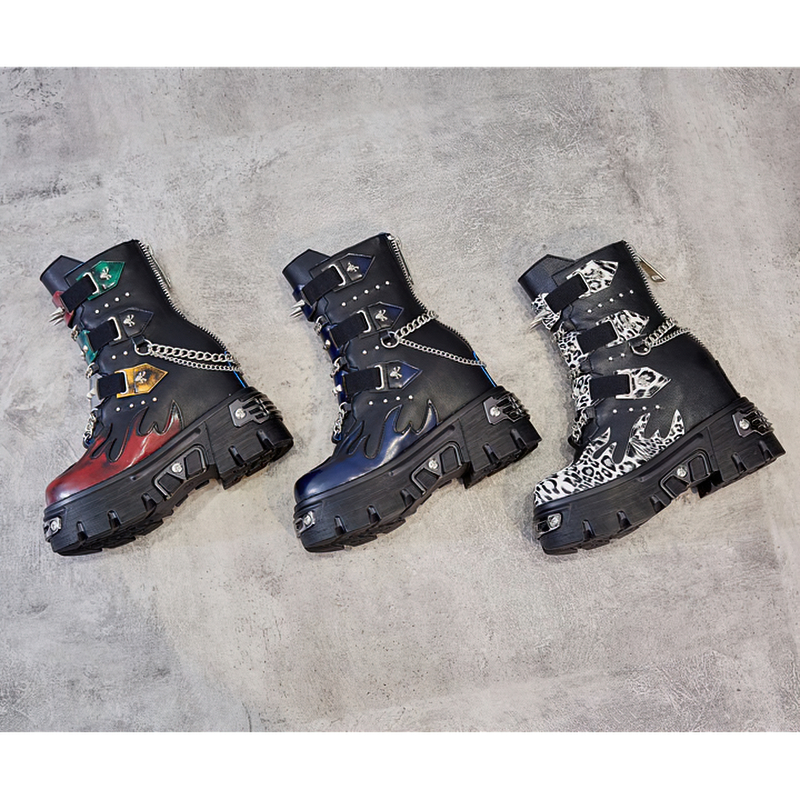 Genuine Leather Mixed Color Women's Boots With Metal Decoration / Platform Rivet Ankle Shoes - HARD'N'HEAVY