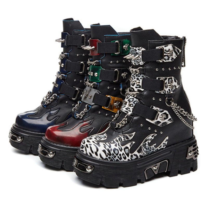 Genuine Leather Mixed Color Women's Boots With Metal Decoration / Platform Rivet Ankle Shoes - HARD'N'HEAVY