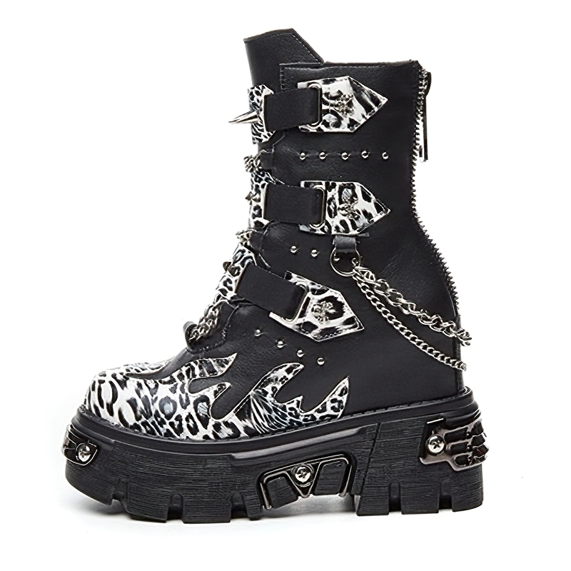 Genuine Leather Mixed Color Women's Boots With Metal Decoration / Platform Rivet Ankle Shoes - HARD'N'HEAVY