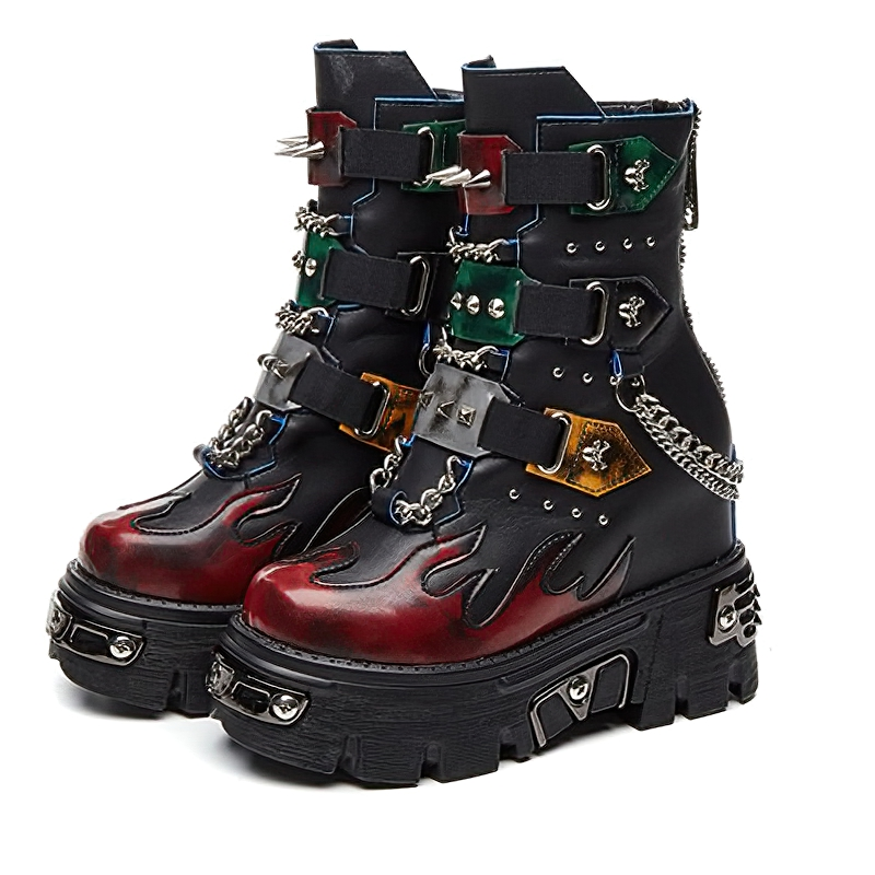 Genuine Leather Mixed Color Women's Boots With Metal Decoration / Platform Rivet Ankle Shoes - HARD'N'HEAVY