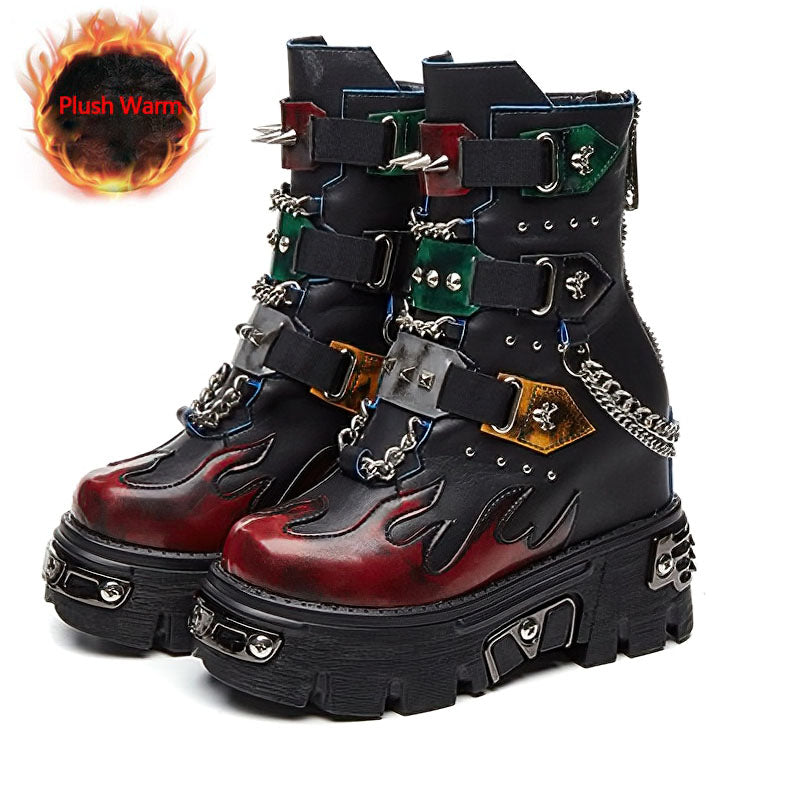 Genuine Leather Mixed Color Women's Boots With Metal Decoration / Platform Rivet Ankle Shoes - HARD'N'HEAVY