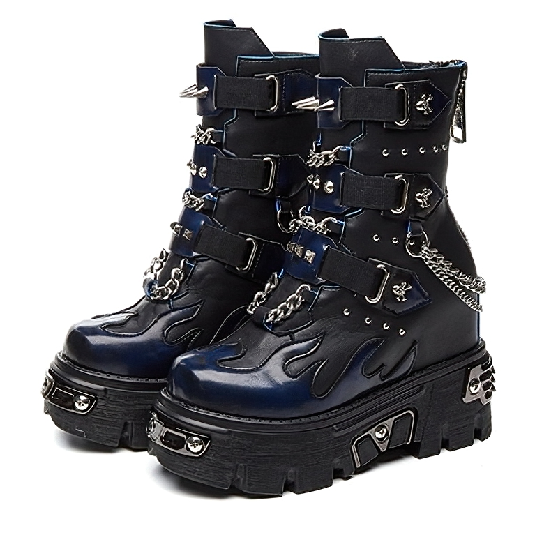 Genuine Leather Mixed Color Women's Boots With Metal Decoration / Platform Rivet Ankle Shoes - HARD'N'HEAVY