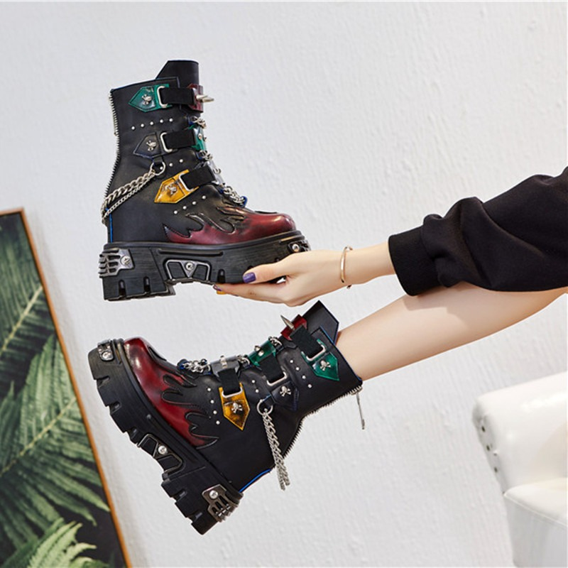Genuine Leather Mixed Color Women's Boots With Metal Decoration / Platform Rivet Ankle Shoes - HARD'N'HEAVY