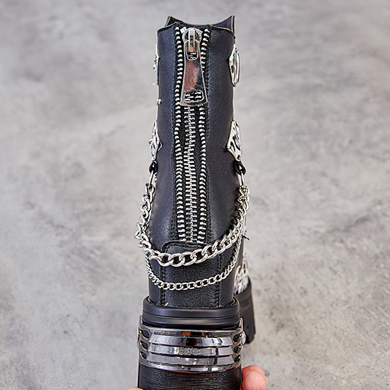 Genuine Leather Mixed Color Women's Boots With Metal Decoration / Platform Rivet Ankle Shoes - HARD'N'HEAVY