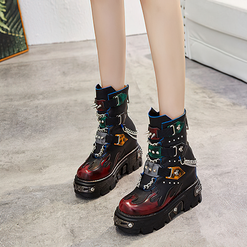 Genuine Leather Mixed Color Women's Boots With Metal Decoration / Platform Rivet Ankle Shoes - HARD'N'HEAVY