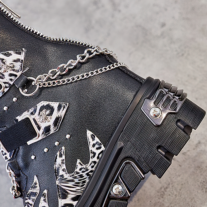 Genuine Leather Mixed Color Women's Boots With Metal Decoration / Platform Rivet Ankle Shoes - HARD'N'HEAVY