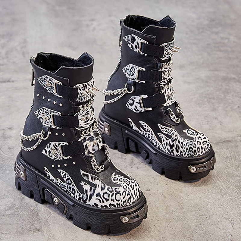 Genuine Leather Mixed Color Women's Boots With Metal Decoration / Platform Rivet Ankle Shoes - HARD'N'HEAVY