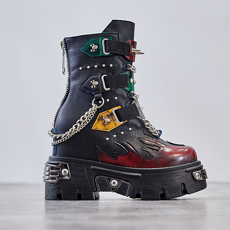 Genuine Leather Mixed Color Women's Boots With Metal Decoration / Platform Rivet Ankle Shoes - HARD'N'HEAVY