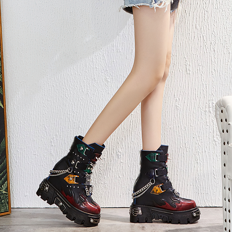 Genuine Leather Mixed Color Women's Boots With Metal Decoration / Platform Rivet Ankle Shoes - HARD'N'HEAVY
