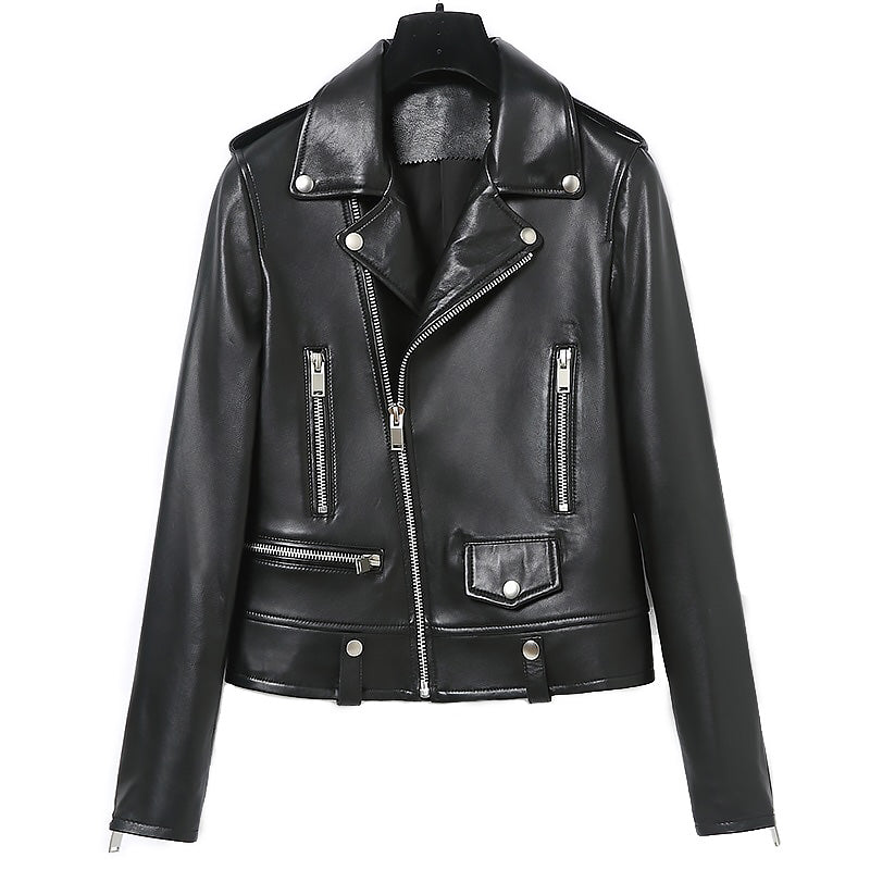 Genuine Leather Motorcycle Jacket in Classic Design / Biker Female Sheepskin Leather Coat - HARD'N'HEAVY