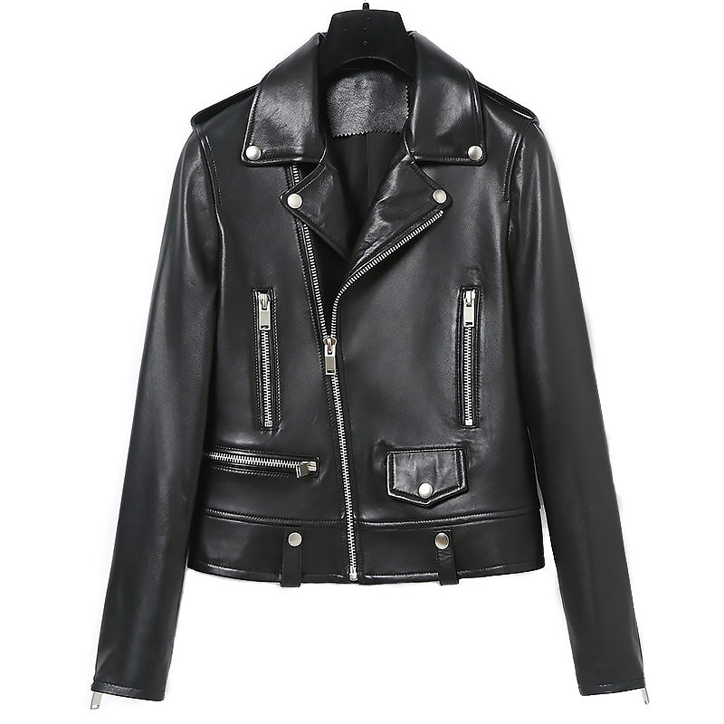 Men's genuine leather motorcycle jacket in classic black design with zippers and adjustable strap.
