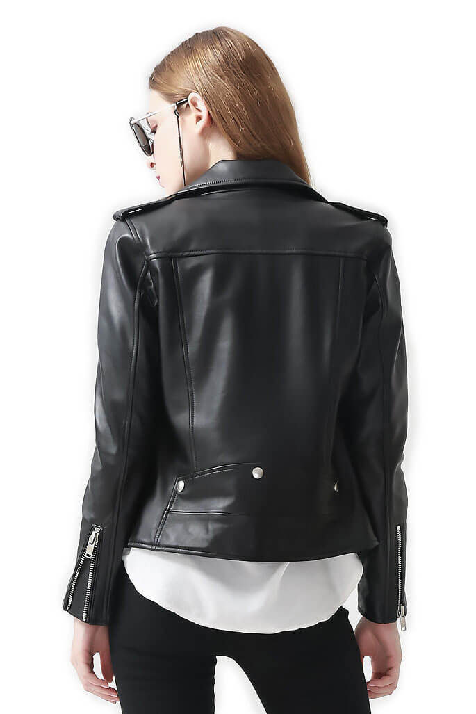 Back view of a stylish women's genuine leather motorcycle jacket showcasing its sleek design and zippers.