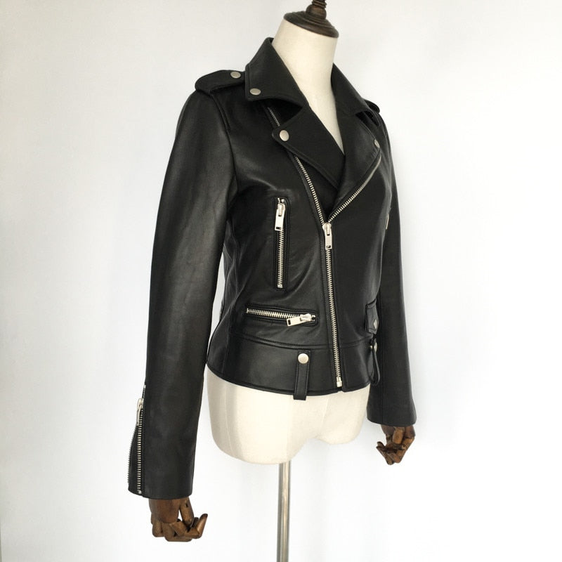 Men's genuine leather motorcycle jacket in classic rock style, featuring zippers and standing collar for a bold look.