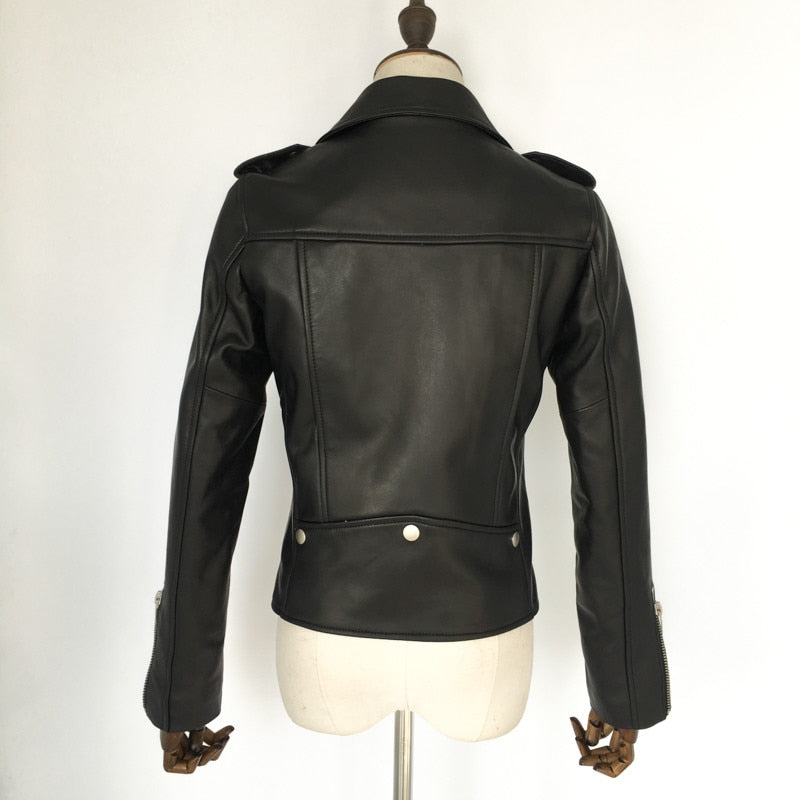 Back view of a stylish black genuine leather motorcycle jacket for men or women with a classic design.