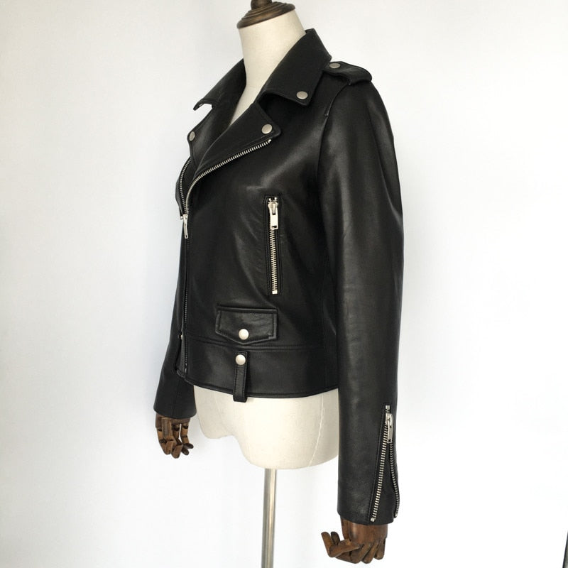 Men's genuine leather sheepskin motorcycle jacket with zippers, standing collar, and stylish rock design.