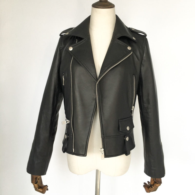 Men's genuine leather motorcycle jacket featuring a stylish design with zippers and standing collar.