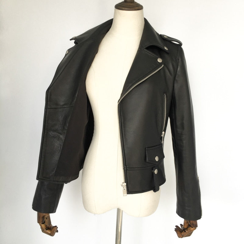 Men's genuine leather motorcycle jacket in classic rock style with zippers and standing collar.