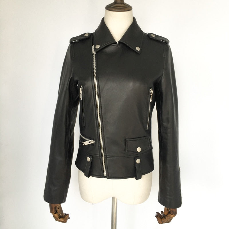 Men's genuine leather sheepskin motorcycle jacket with standing collar and zippers in classic rock style.